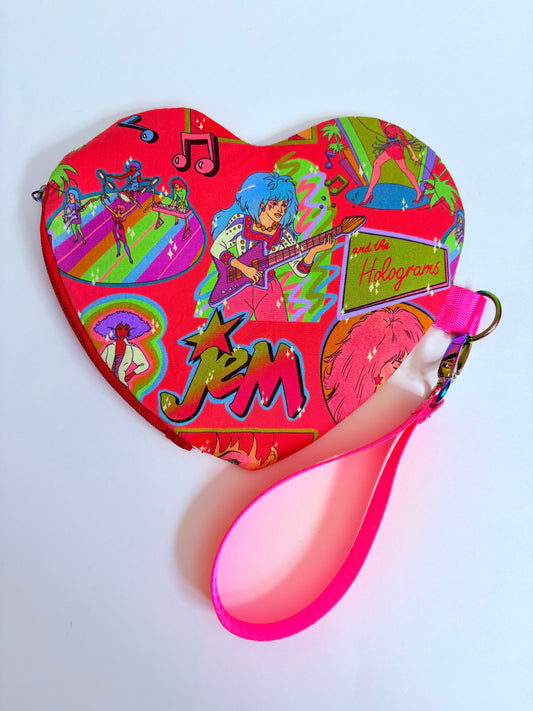 NEON PINK JEM HEART WRISTLET POUCH